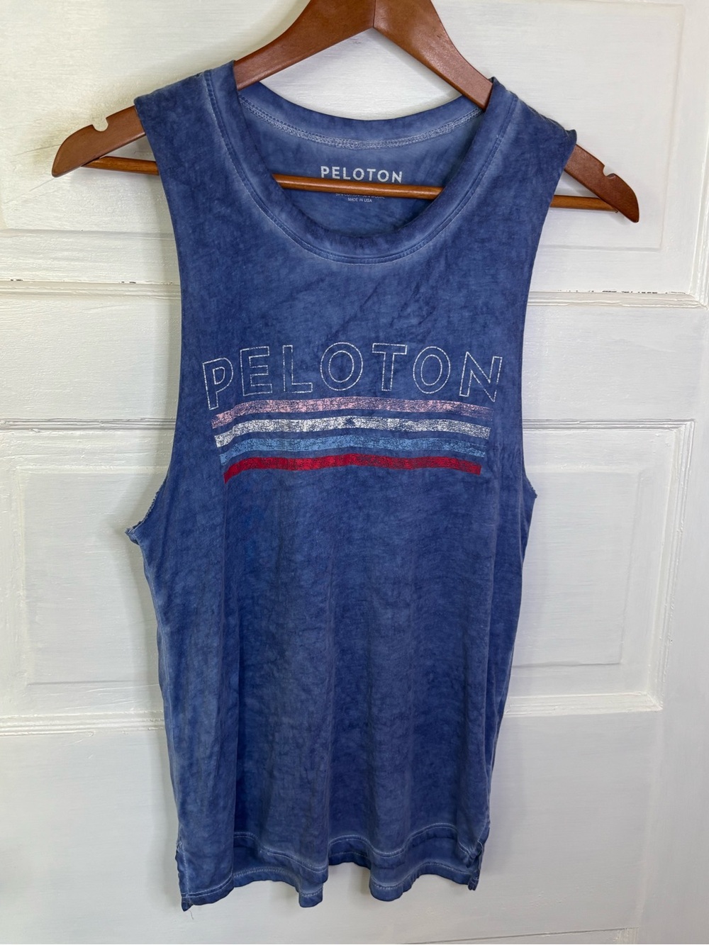 Peloton Blue Muscle Tank with Red, White & Light Blue Stripes